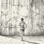巨大な壁の前に立つマラソンランナーの鉛筆画